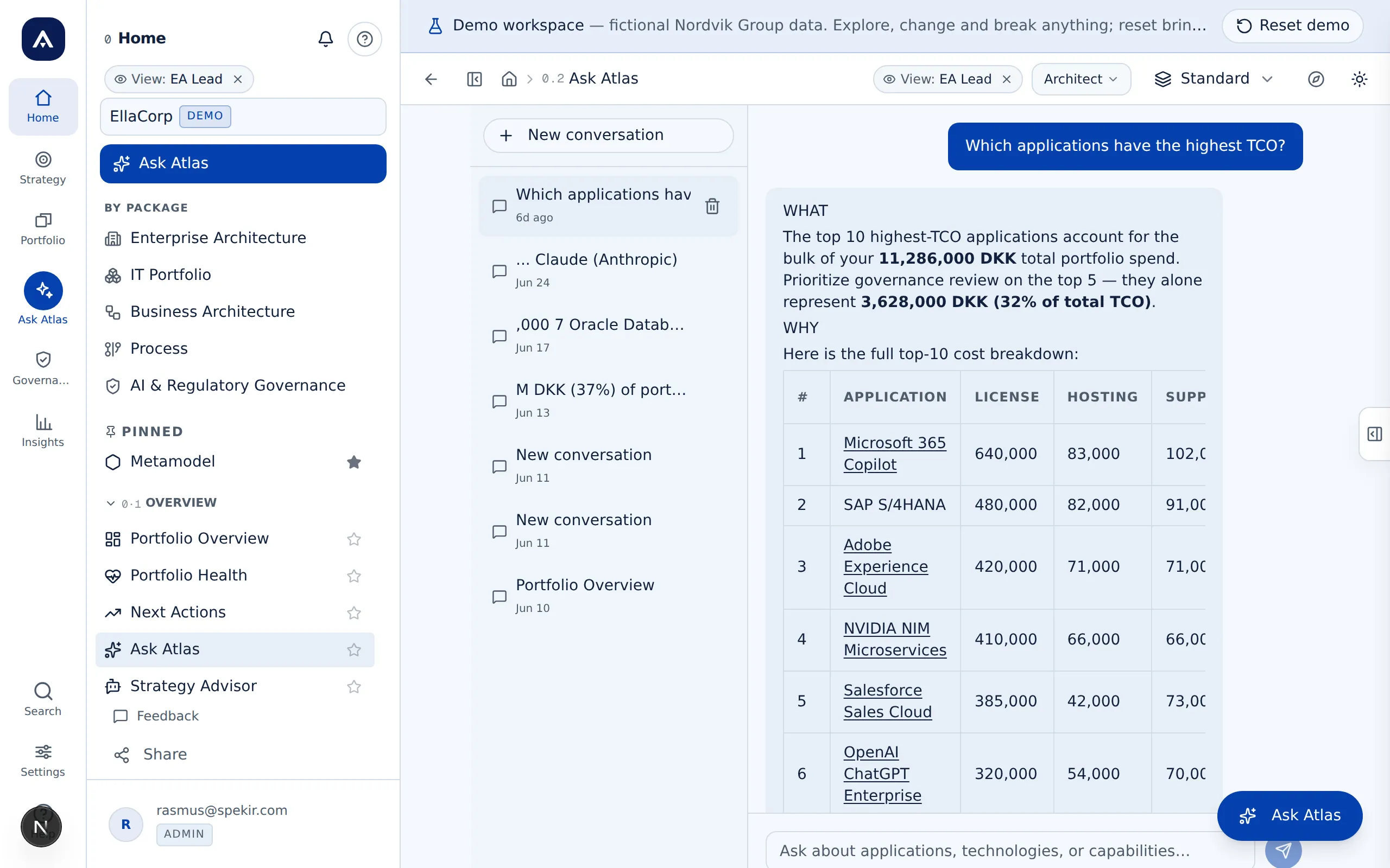 Ask Atlas showing the ten applications with the highest TCO and their share of total cost