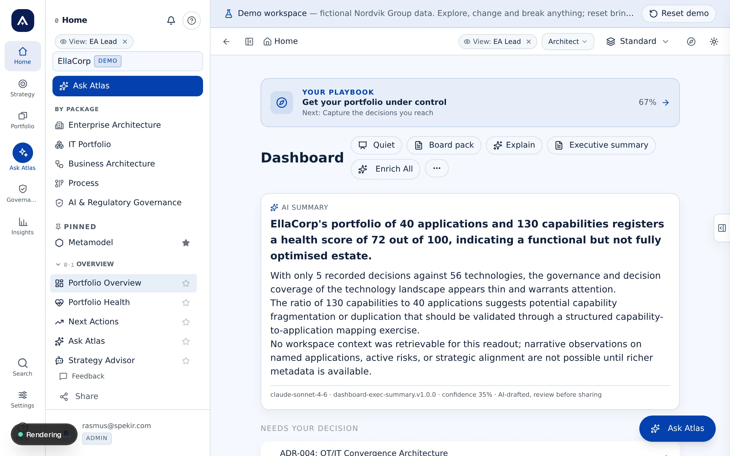 The Atlas dashboard with a Portfolio Health score, an AI-generated executive summary and next actions for a fictional demo portfolio