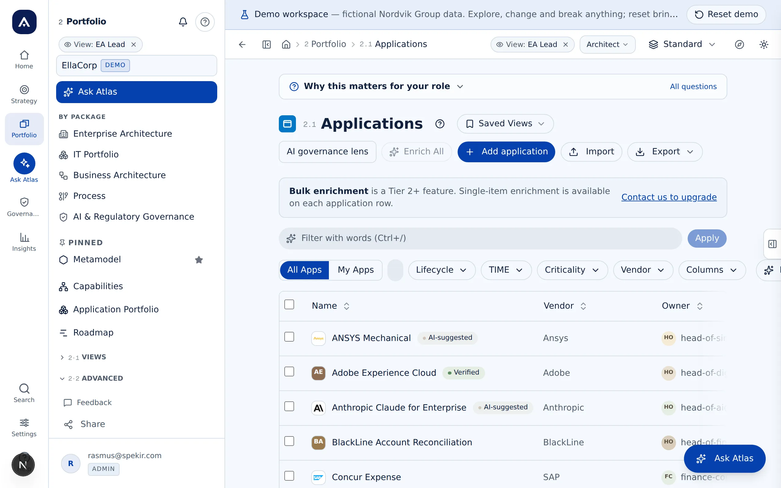 Applikationslisten i Atlas med lifecycle-, TIME- og kritikalitetsfiltre, leverandører og ejere